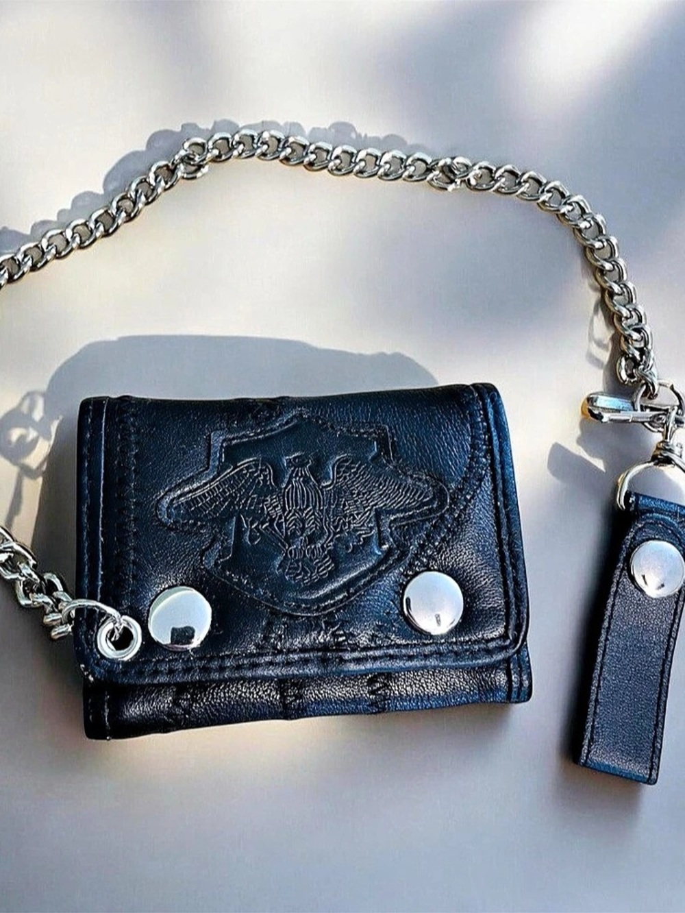 Vintage Black Leather Biker Trifold Wallet w/ Chain Eagle Embossed Patchwork